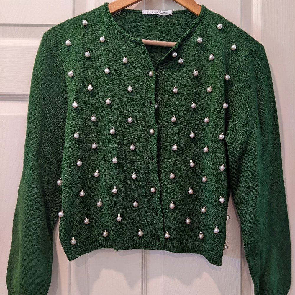 Liviana Conti Green Cardigan with Pearls